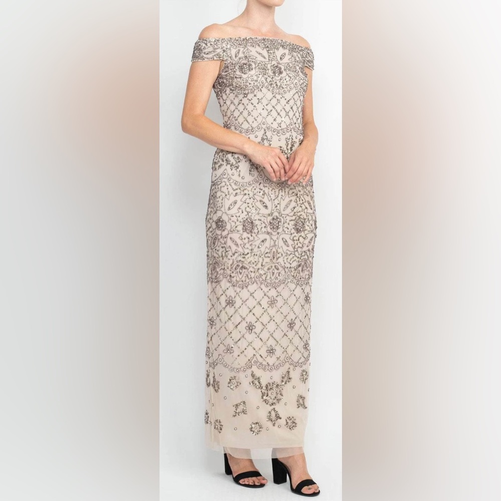 Adrianna Papell - Bedazzled Off Shoulder Long Gown